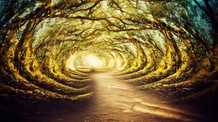 Beautiful old tree tunnel in the forest at sunset. Panoramic image.の素材