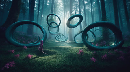 Woman in a fantasy forest with giant rings. 3d rendering.の素材