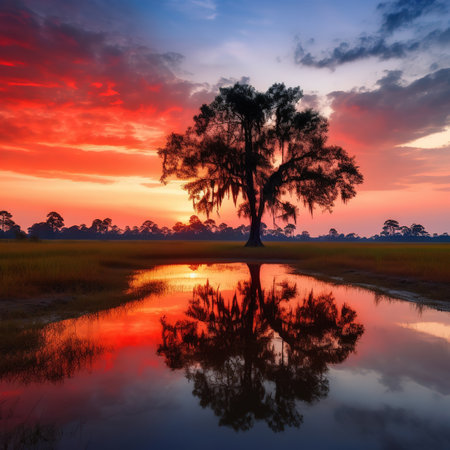 Beautiful sunset over the paddy field with reflection in the waterの素材