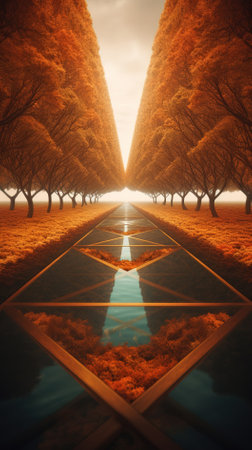 3d rendering of a road in the autumn forest with reflection in the waterの素材