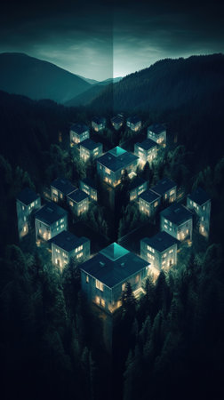 Houses in the forest at night. 3D rendering. Computer digital drawing.の素材