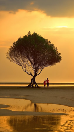 Silhouette of couple on the beach at sunset, Thailand.の素材