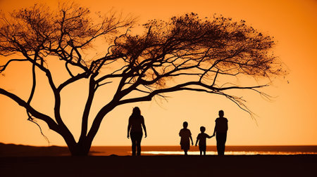 Silhouette of a family on the beach at sunset with a tree in the backgroundの素材