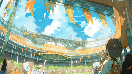 Cartoon scene of a soccer match in the stadium. Digital painting.の素材