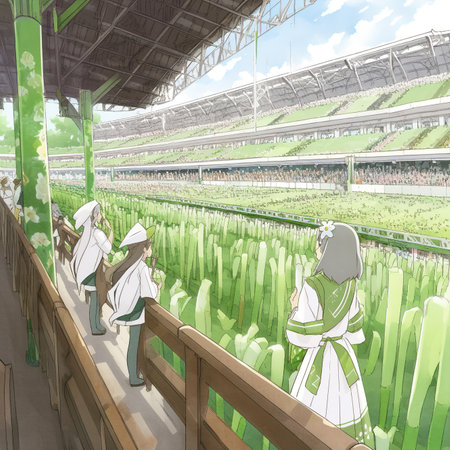 Illustration of a group of chefs in the stadium with a view of the trackの素材