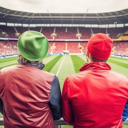 Back view of two men in hats looking at the football stadium.の素材