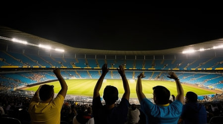 Silhouette of soccer fans cheering and supporting their team at the stadiumの素材