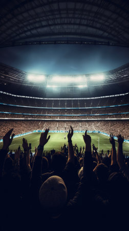 Crowd at a soccer stadium with hands raised and fans in the backgroundの素材