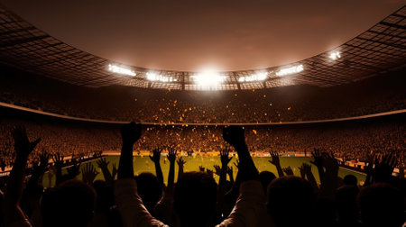Silhouettes of fans in the stands of a large football stadiumの素材