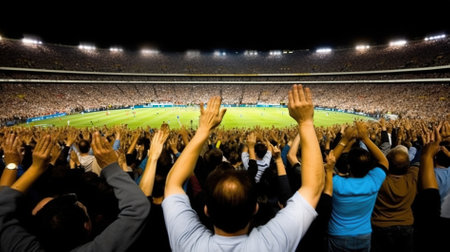 Cheering crowd in front of a large football stadium at night.の素材