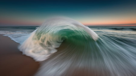 Ocean wave at sunset. Long exposure image with motion blur effect.の素材
