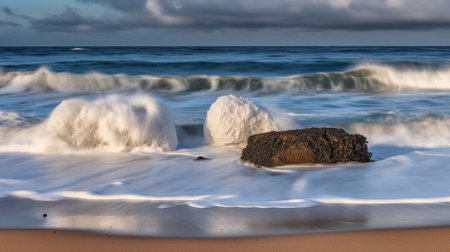 Waves breaking on a rock on the beach. Long exposure.の素材
