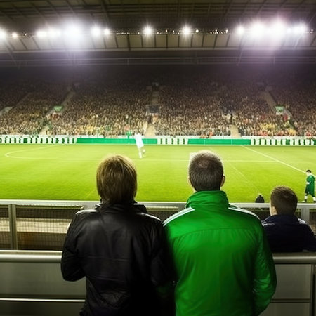 Back view of two men watching the football match at the stadium.の素材