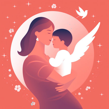 Happy mother's day. Vector illustration of a pregnant woman holding her baby in her arms.の素材