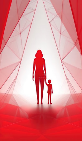 Mother and child standing in a tunnel of red polygonal elementsの素材