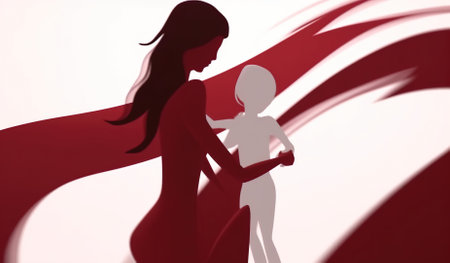 Mother and baby on a red background. Conceptual image of family.の素材