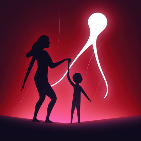 Silhouette of a mother with a child on a red backgroundの素材