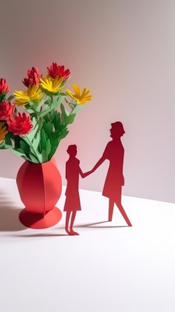 Silhouette of a man and a woman holding hands in front of a vase of flowersの素材