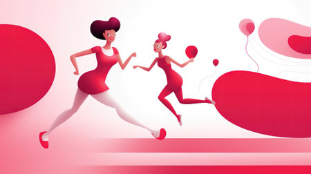 Running woman with red balloons. Vector illustration for your graphic design.の素材