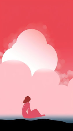Girl sitting on the beach and looking at the sea. Vector illustration.の素材