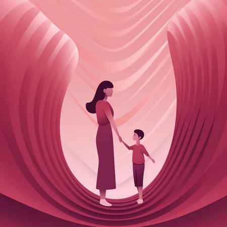 Mother and daughter in a tunnel of red curtains. Vector illustration.の素材