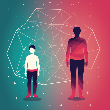 Man and boy standing in front of a polygonal background.の素材