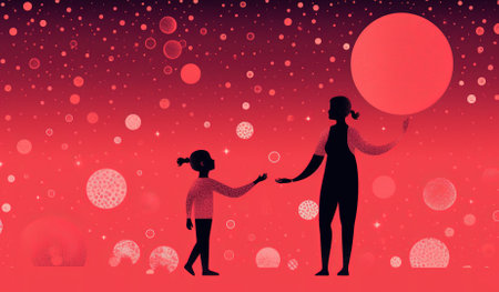 Mother and daughter holding a balloon on the background of the night skyの素材