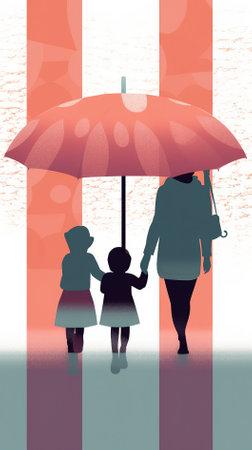 Mother and daughter under an umbrella in the rain. Vector illustration.の素材