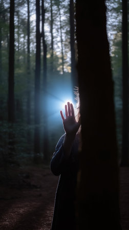 Silhouette of a woman in the dark forest with a light beam.の素材