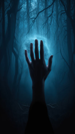 Halloween background with spooky hand in dark forest with moonlightの素材