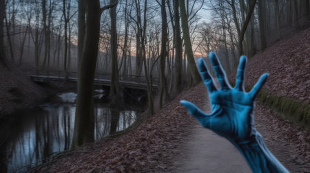 Silhouette of a hand in front of a river with trees in the backgroundの素材