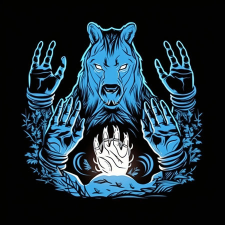 Vector illustration of a wolf with hands raised up in the air.の素材