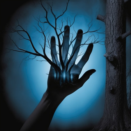 Halloween theme: a scary hand in the dark forest with a treeの素材