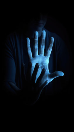 Man showing hand gesture with x-ray effect, isolated on blackの素材