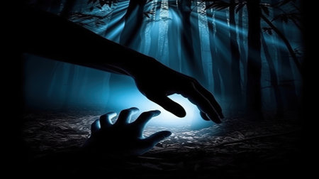 Hands reaching for light in dark forest. 3D rendering.の素材
