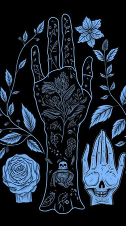 Hand drawn vector illustration of a human hand with flowers, leaves and skullの素材