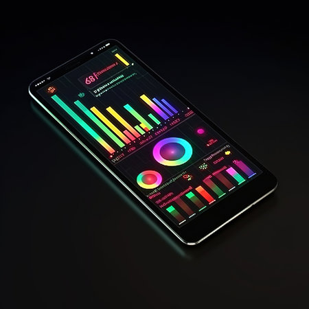 Smartphone with colorful infographics on the screen. 3d renderingの素材