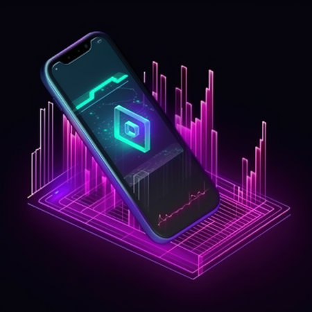 Smartphone with app icon on screen. 3d isometric illustrationの素材