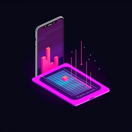 Smartphone with bar chart in isometric style. Vector illustration.の素材