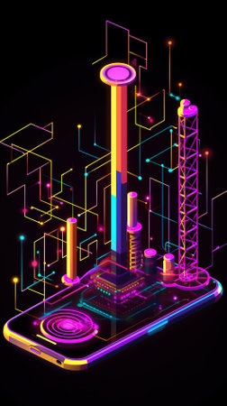 Smartphone isometric concept. 3d vector illustration in neon style.の素材