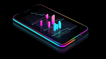 Smartphone with stock market chart on screen. 3d rendering.の素材