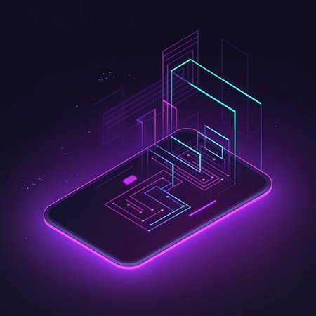 Isometric smartphone with glowing screen on dark background. 3d renderingの素材
