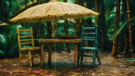 Rainy season in tropical rainforest with wooden chair and umbrella.の素材