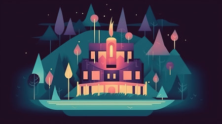 Vector illustration of a building in the forest at night. Cartoon flat style.の素材