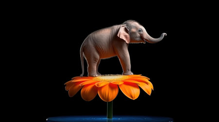 elephant on orange flower isolated on black background, 3d illustrationの素材