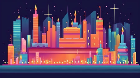 Night city skyline with skyscrapers. Vector illustration in flat styleの素材