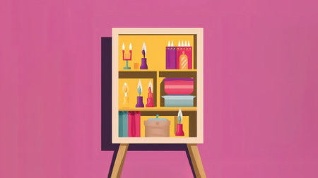 Wooden easel with books and candles. Vector illustration of a room interior.の素材