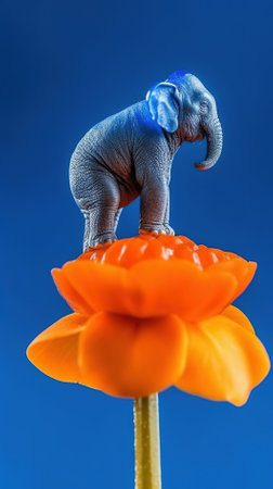 Elephant statue with an orange tulip on a blue background.の素材