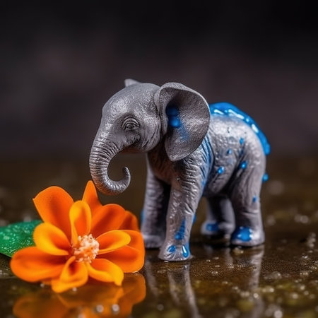 Elephant figurine and flower on a black background with reflection.の素材