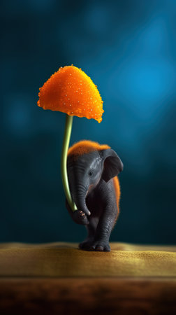 elephant figurine with orange flower on dark background. creative photo.の素材